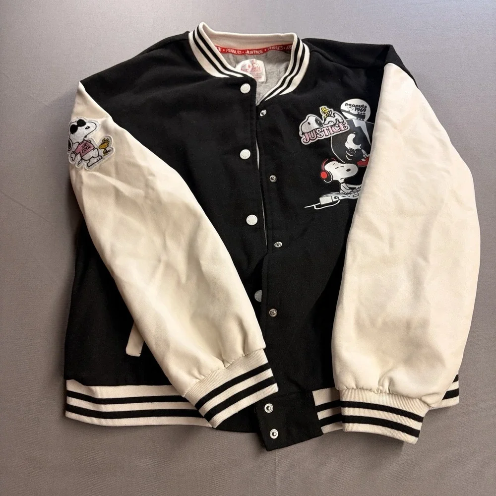 Justice Peanuts Snoopy Varsity Jacket Girls XL 16/18 Black White Abbey Road
